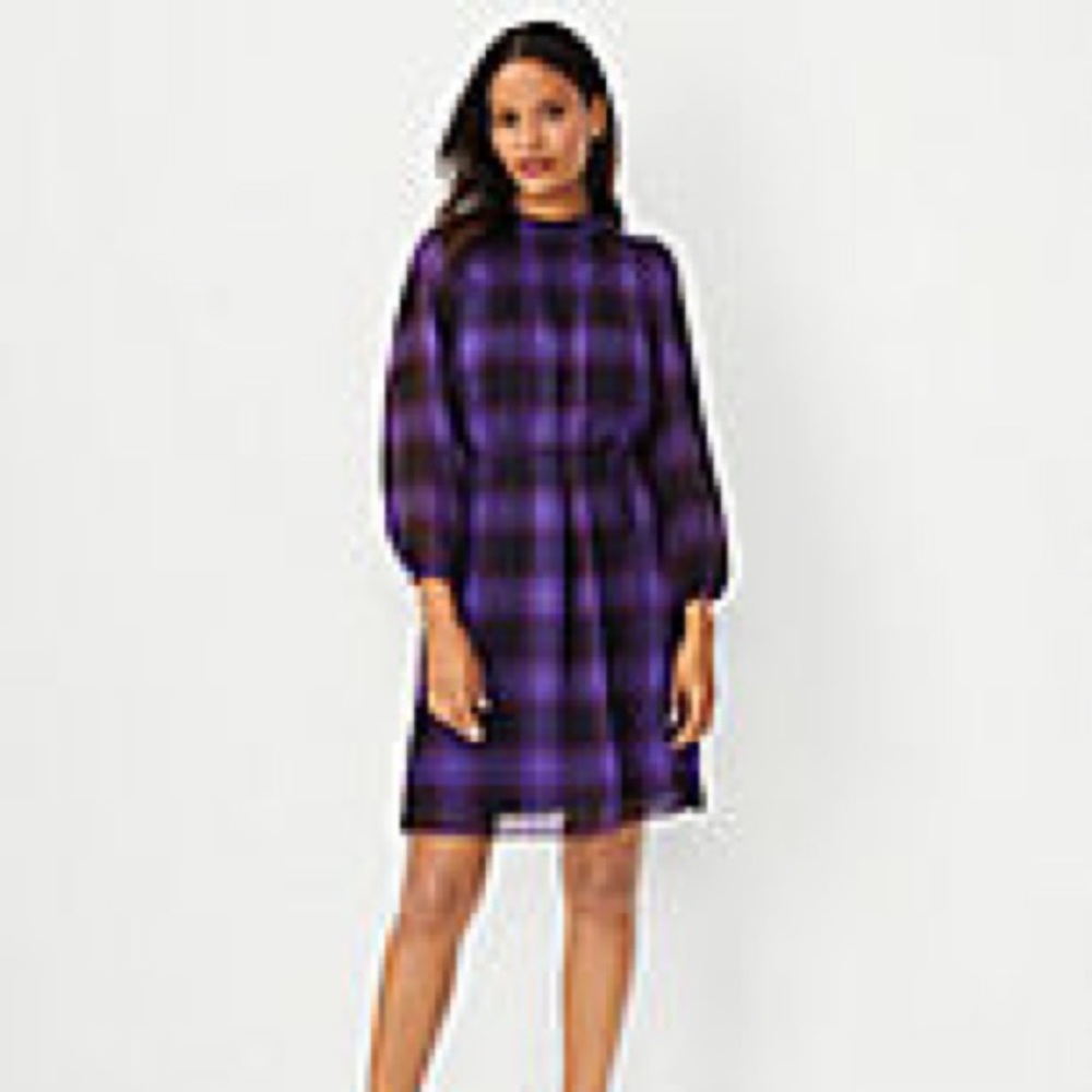 NWT Ann Taylor Long Sleeve Purple Plaid Pintucked  Dress Sz Petite Small.